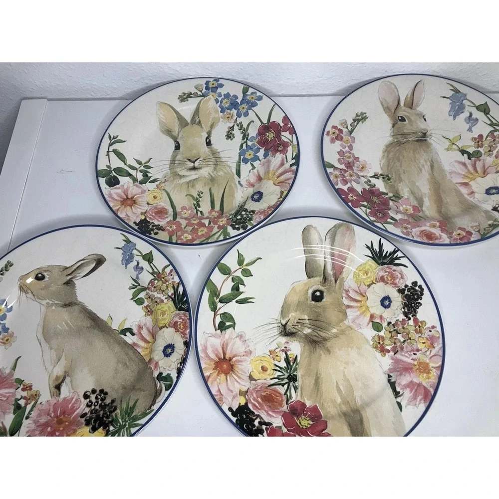 Set of 4 POTTERY BARN Spring/ Floral/Easter Bunny Stoneware 8.25